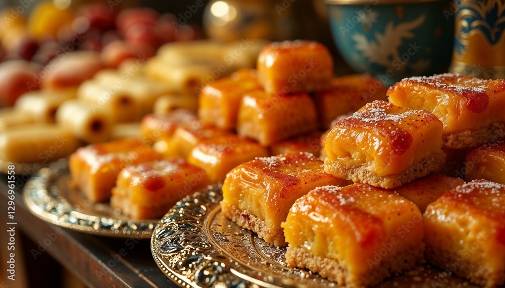 Delicious honey baklava stacked on ornate platters in a vibrant dessert display