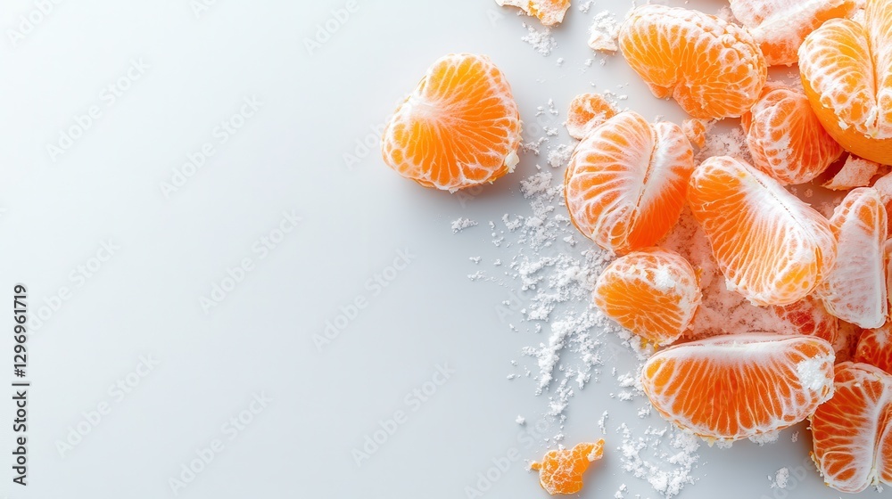 Delicate segments of peeled clementines arranged artfully on a light surface, emphasizing their vibrant orange hue and inviting texture, perfect for food photography. Delicate segments of peeled clementines arranged artfully on a light surface, emphasizing their vibrant orange hue and inviting texture, perfect for food photography.