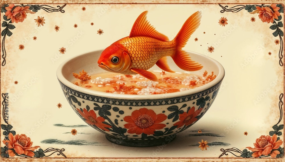 Creative goldfish swimming in a decorative bowl filled with unusual ingredients