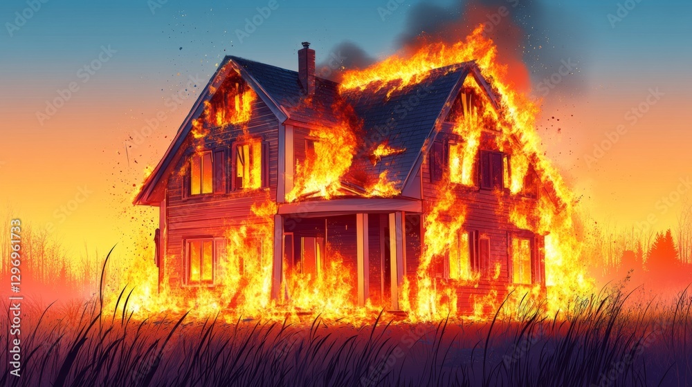 Blazing house fire at sunset with burning flames and smoke Blazing house fire at sunset with burning flames and smoke