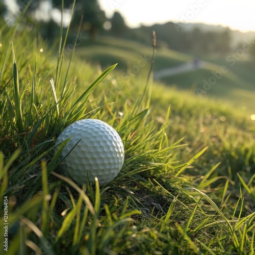 Close-up of a golf ball resting in a small grass divot near the hole on a green golf course during sunset.