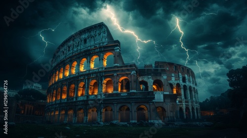 Roman coliseum at night with storm and lightning striking photo