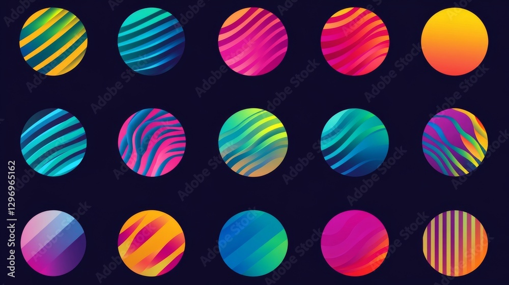 Colorful abstract gradient spheres with striped patterns on dark background Colorful abstract gradient spheres with striped patterns on dark background