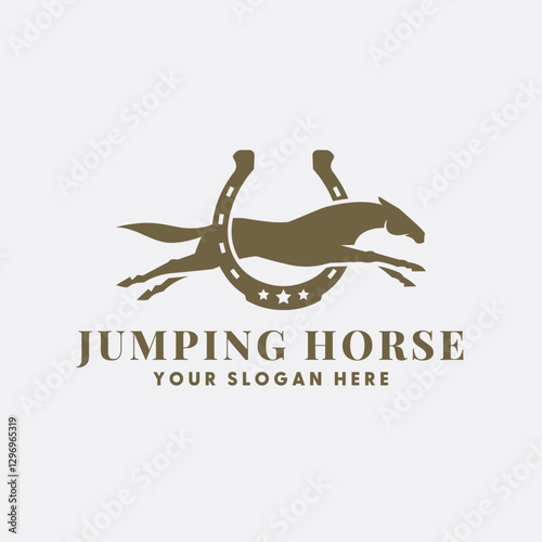 Elegant Horse Jumping Over Horseshoe Shaped Obstacles Logo, Horse Jumping Logo, Horse shoe Logo.
