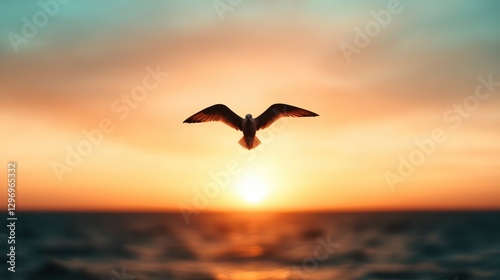 A bird caught in flight against a stunning ocean sunrise creates a captivating image of freedom. The vibrant colors reflect the magical beauty of nature’s own canvas.