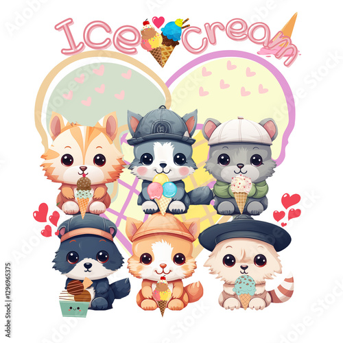 cute cats are eating Ice creams, which are a lot of favor.