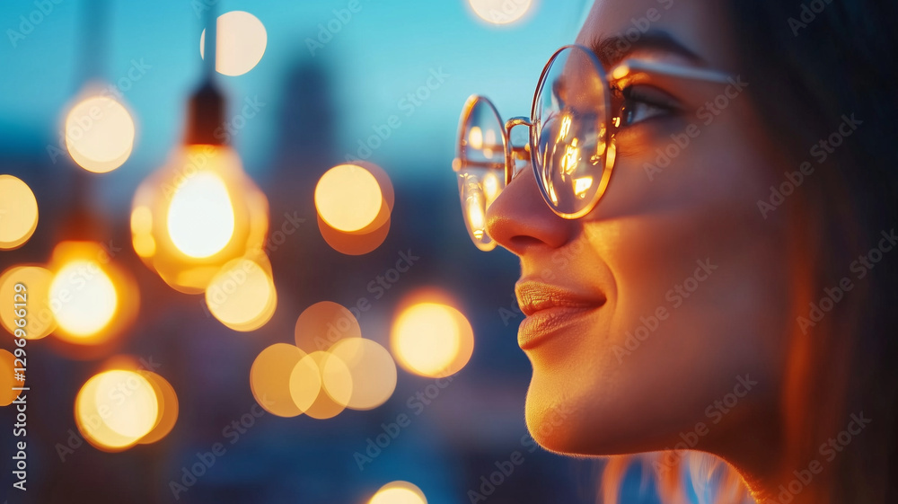 woman with glasses smiles softly, illuminated by warm bokeh lights in background, creating dreamy atmosphere woman with glasses smiles softly, illuminated by warm bokeh lights in background, creating dreamy atmosphere