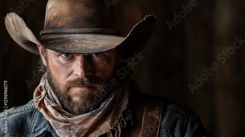 A striking portrait of a rugged cowboy, embodying strength and resilience, captured in a dramatic lighting setup that emphasizes his intense expression and weathered appearance.