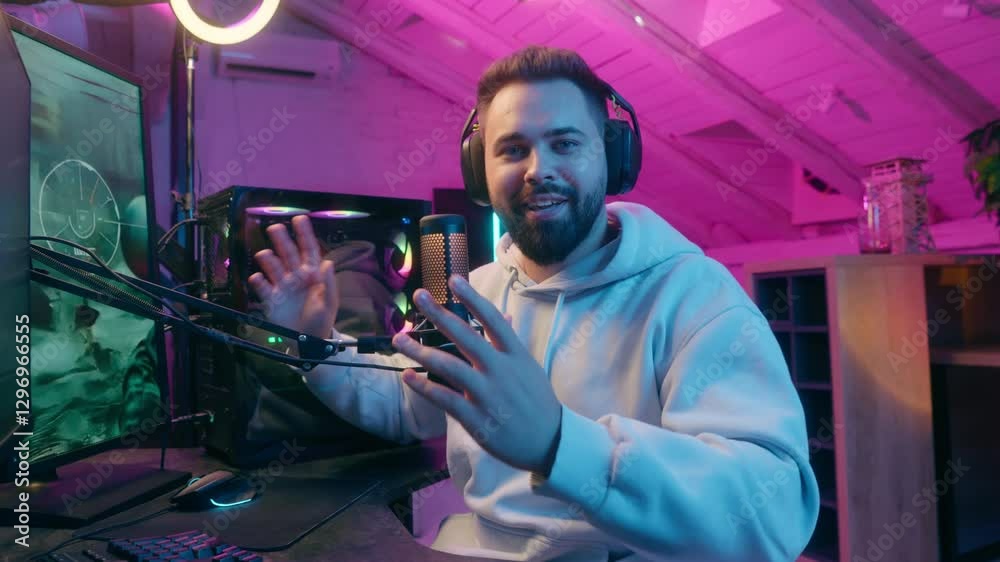 Happy smiling talking greeting hello Caucasian man male gamer guy streamer online game computer e-sport gaming in headphones at night neon indoors talking to camera video call channel blog vlog stream
