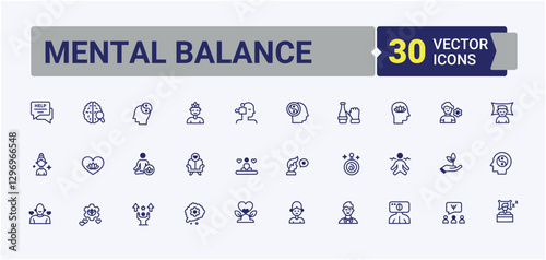 Mental Balance linear icon. Contains linear outline icons like man, treatment, management, psychotherapy, hygiene, 5on and more. Line symbol. Solid line editable stroke. Vector collection.