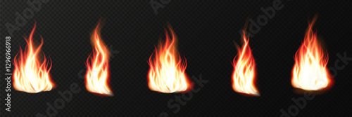 Realistic fire flames with glowing sparks and burning heat effects. High-quality vector illustration featuring translucent fiery blazes, campfire flames, and explosive fire lines on a dark background.