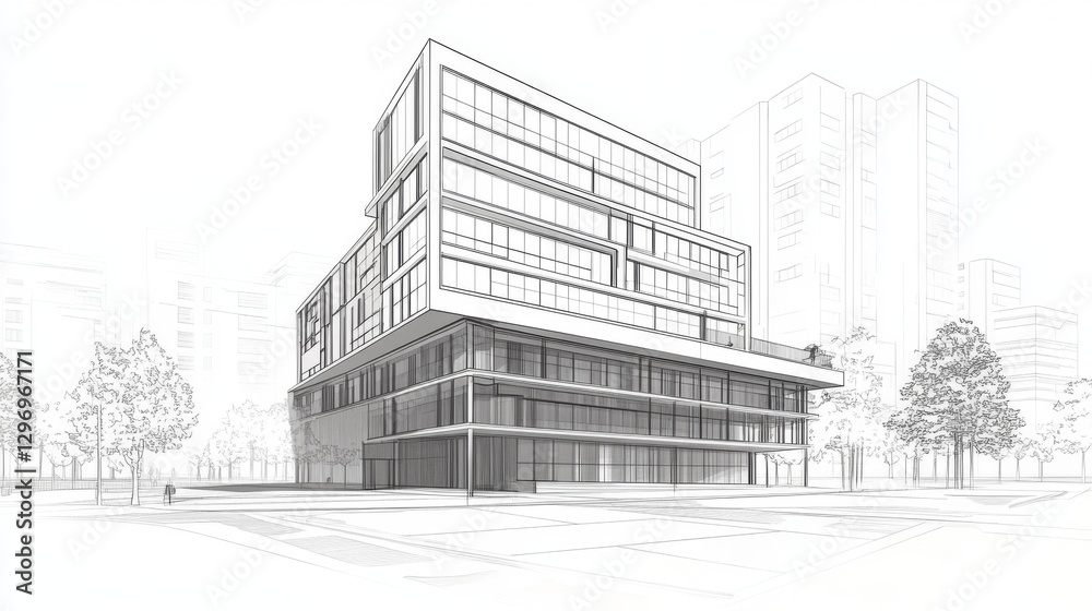Modern architectural sketch of urban multi-story building with geometric design Modern architectural sketch of urban multi-story building with geometric design
