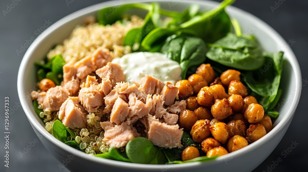Fototapeta premium Nourishing and Hearty Tuna Salad Bowl with Quinoa and Chickpeas in Creamy Yogurt Dressing for a Satisfying Meal