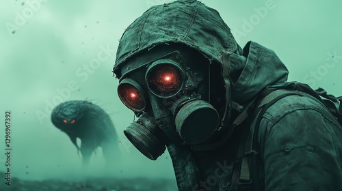 A striking image portraying a gas-masked figure amid a fog-shrouded landscape, facing a looming creature, emphasizing themes of alienation and tension within the unknown.