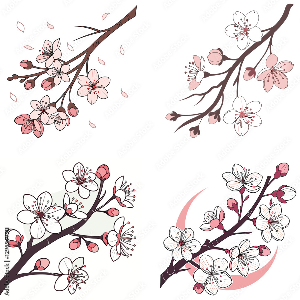 Fototapeta premium A cherry blossom branch icon with small flowers blooming