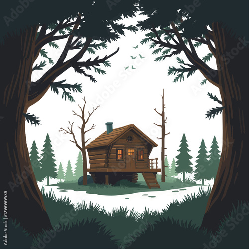 an illustration of a cabin in a forest with trees and a cabin in the background