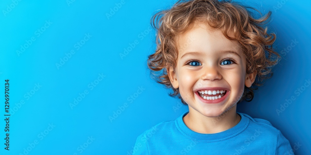 A joyful young boy with curly hair and blue eyes is grinning widely. He is wearing a light blue shirt and standing against a solid blue backdrop, embodying pure happiness and innocence A joyful young boy with curly hair and blue eyes is grinning widely. He is wearing a light blue shirt and standing against a solid blue backdrop, embodying pure happiness and innocence