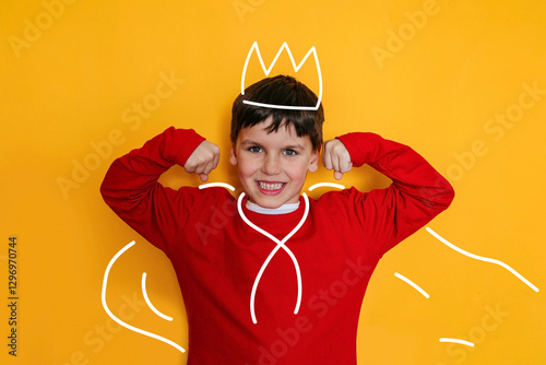 Strong child boy in a painted superhero costume on yellowe. Children's confidence, struggle with complexes, self-esteem.