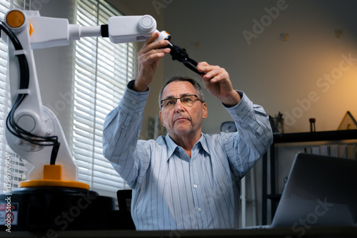 Obraz na płótnie Engineer Adjusting Robotic Arm for AI-Powered Automation w salonie