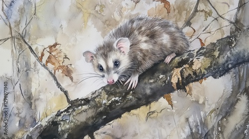 cute watercolor possum perched on a tree branch with curious eyes in delicate natural palette exuding gentle mood concept of wildlife, zoology, conservation