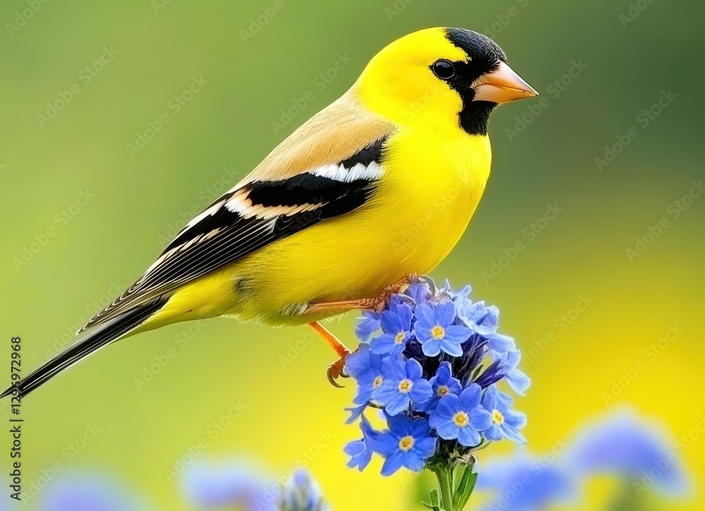 Fototapeta premium Vibrant American Goldfinch Perched on Blue Flower Against a Soft Green and Yellow Background in Springtime Nature