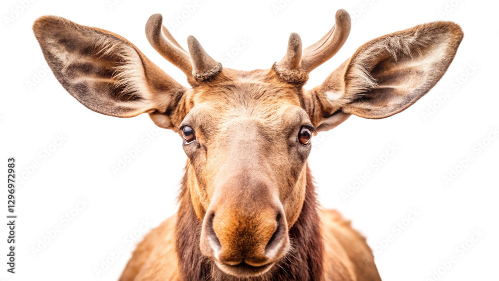 Close-up portrait of a majestic moose with antlers, captured in natural light, isolated on a white background. Close-up portrait of a majestic moose with antlers, captured in natural light, isolated on a white background.