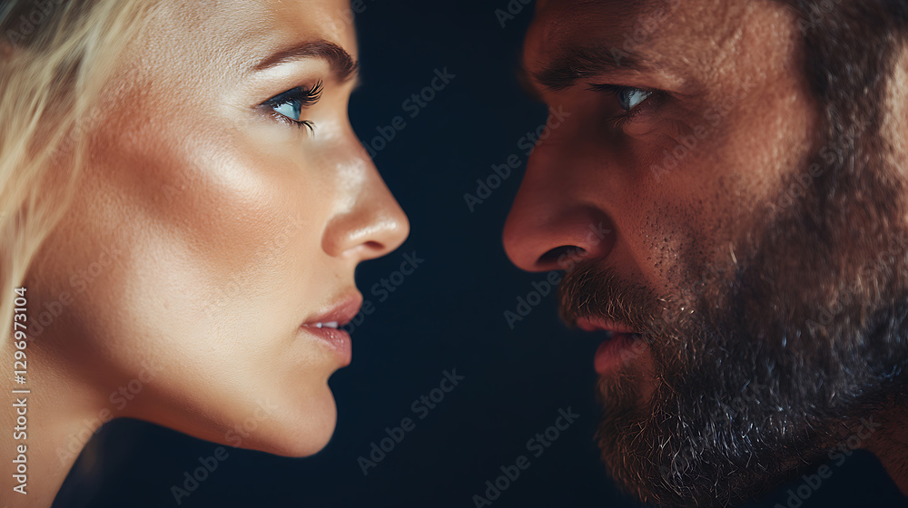 Intense stare: Close-up on the faces of a man and woman, their eyes locked in a deep gaze against a dark background. Focus on emotion, connection. Intense stare: Close-up on the faces of a man and woman, their eyes locked in a deep gaze against a dark background. Focus on emotion, connection.