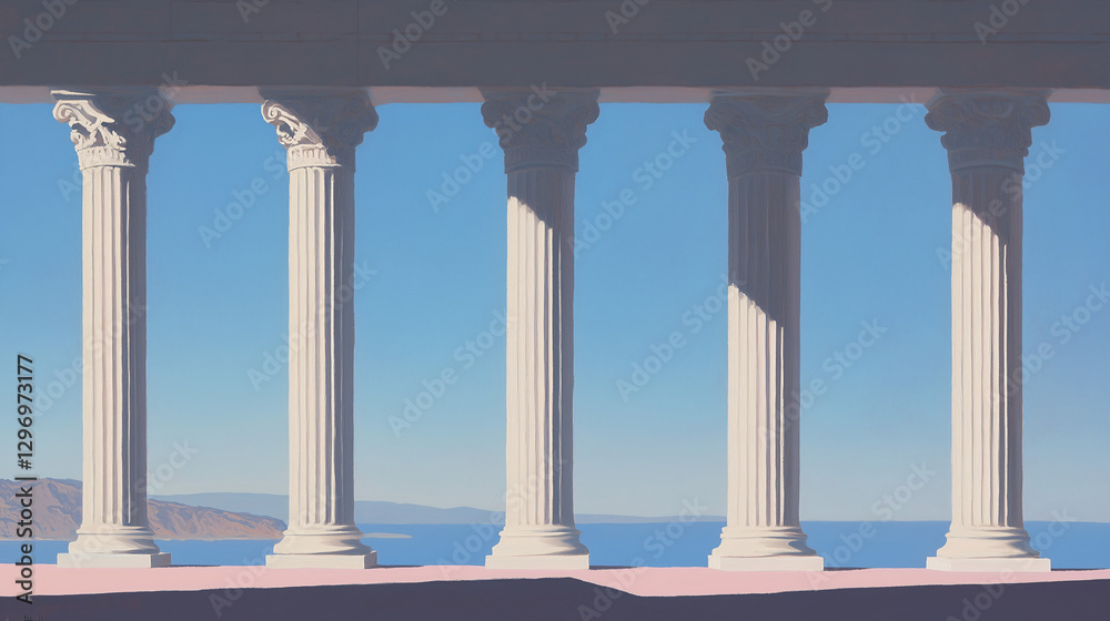 Fototapeta premium Ancient Pillars by the Sea: A row of majestic ancient pillars stands proudly against a backdrop of a bright blue sky and tranquil sea, evoking a sense of classical elegance and timeless beauty.
