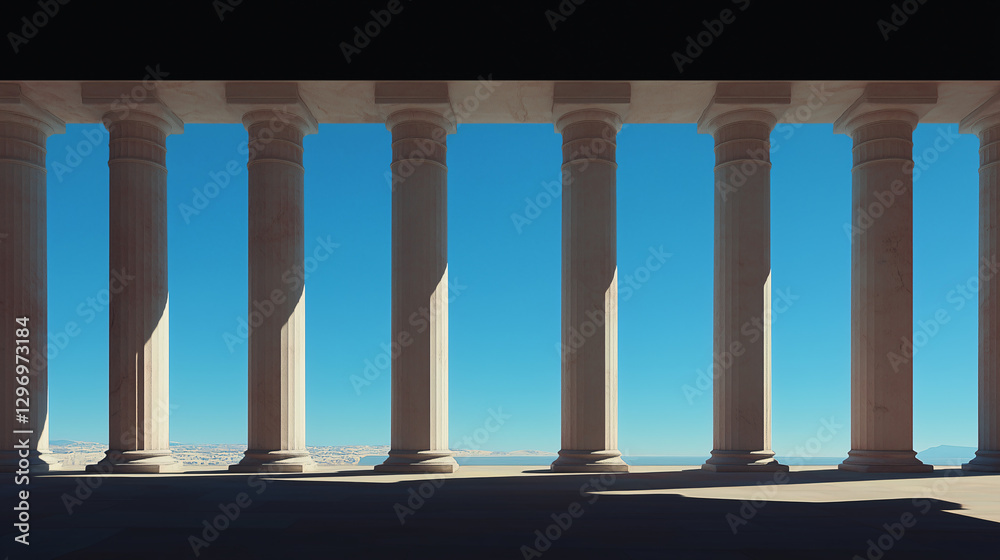 Fototapeta premium Classical Columns and Blue Sky: An architectural composition featuring a row of majestic classical columns frames the vivid blue sky and a sense of timeless beauty and order.