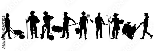 Farmers in different poses with tools. Black silhouettes of men and women engaged in agricultural work. Garden, vegetable garden, farm, people farmers