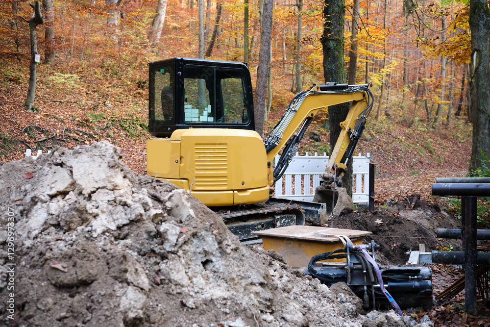 A Compact Loader in a Beautiful Autumn Forest Landscape Perfect for Construction Work