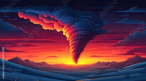 Under the sunset, an orange red tornado swept over the tranquil sand dunes photo