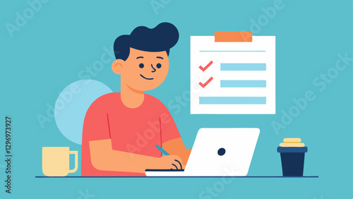 Tax Form Filing A freelancer cheerfully filling out a tax form at a table with visible deductions listed such as internet bill and business travel.