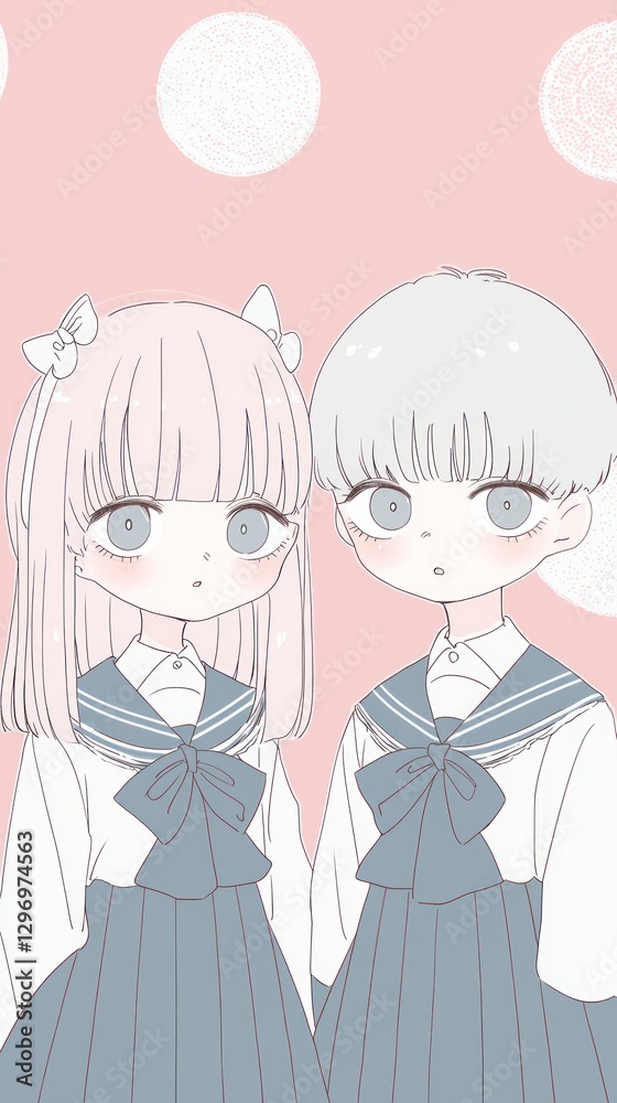 Two anime girls in sailor outfits against a pastel background. Possible use Children's book illustration Two anime girls in sailor outfits against a pastel background. Possible use Children's book illustration
