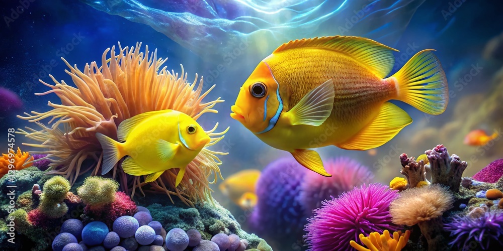 Fototapeta premium Yellow Angel Fish & Anemones: Double Exposure Aquarium Wildlife Stock Photo