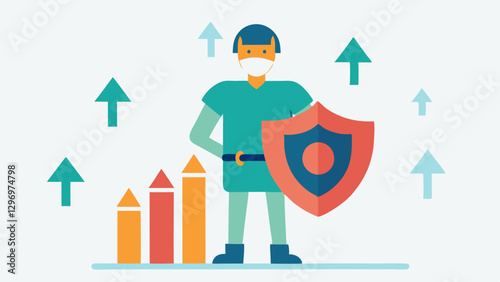 Shield and Armor An investor wearing armor with a shield symbolizing Hedging while facing arrows labeled Market Risks emphasizing protection from potential losses.