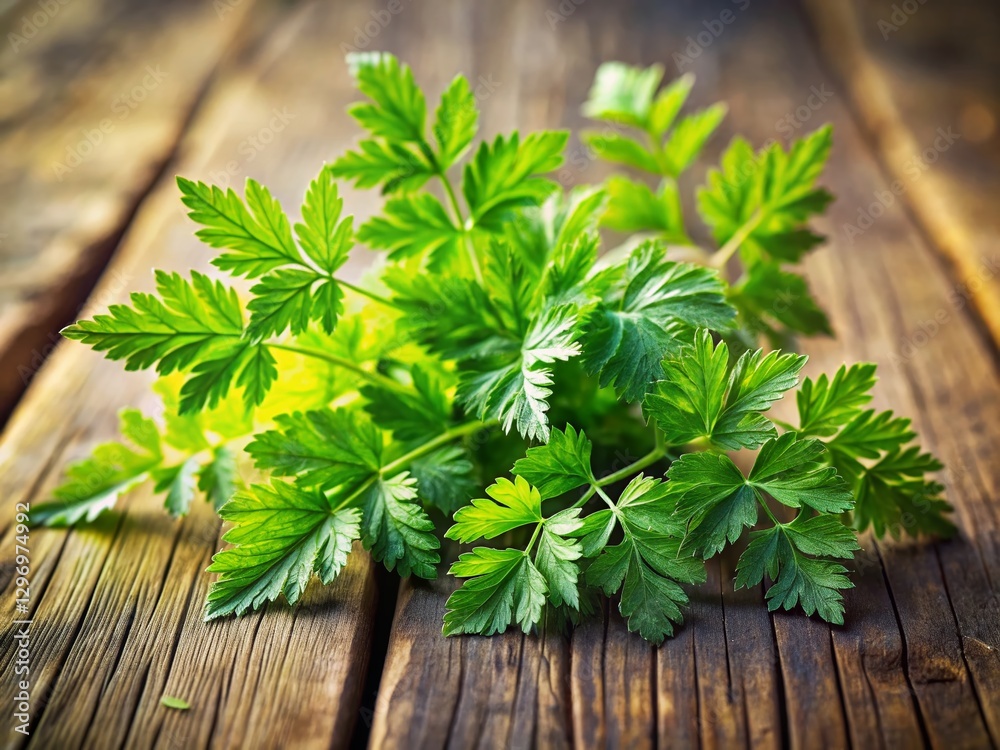 Young Cow Parsley Leaves: Wild Edible Spring Greens on Rustic Table Young Cow Parsley Leaves: Wild Edible Spring Greens on Rustic Table
