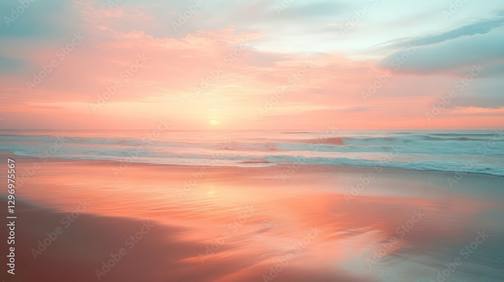 A beautiful serene beach at sunrise with reflective wet sand A beautiful serene beach at sunrise with reflective wet sand