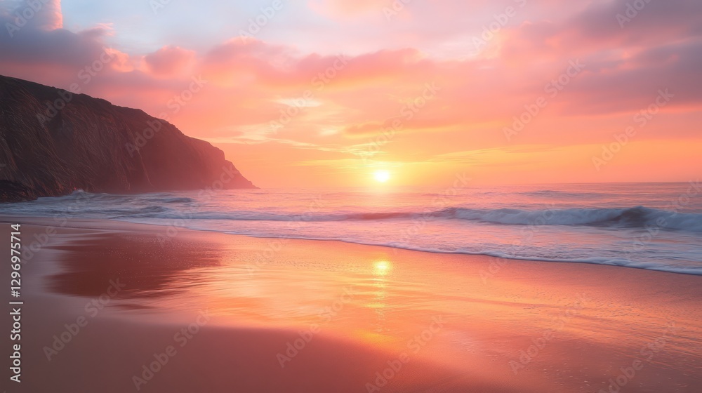 Obraz premium A beautiful sunset over the ocean on a sandy beach