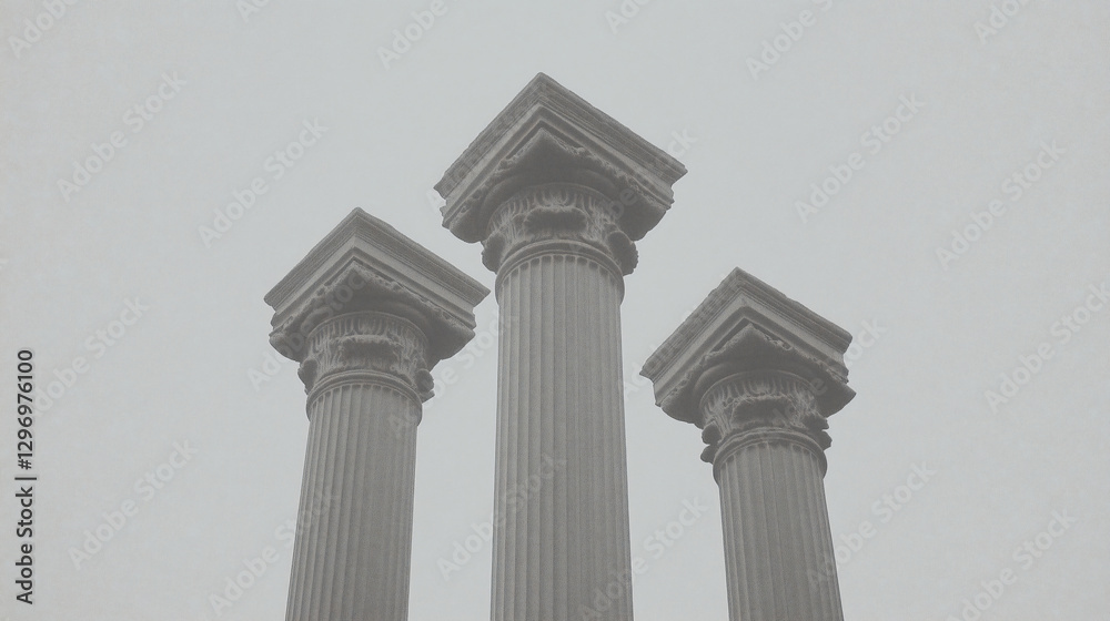 Obraz premium Architectural Triumph: Three elegant classical columns ascend majestically towards the sky, evoking a sense of timeless grandeur and strength. The pillars, with their intricate details.