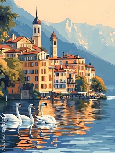 The graceful white swan swimming on Lake Zurich