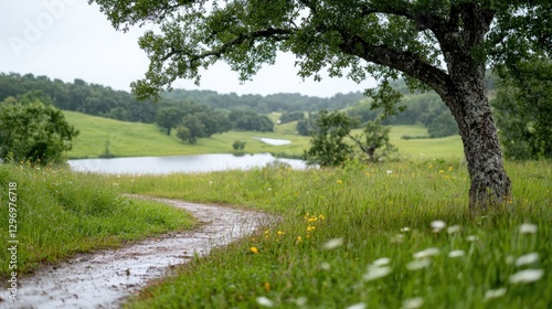 Rural Landscape, Rain, Meadow, Winding Path. Scenic View. Possible Use Nature Photography