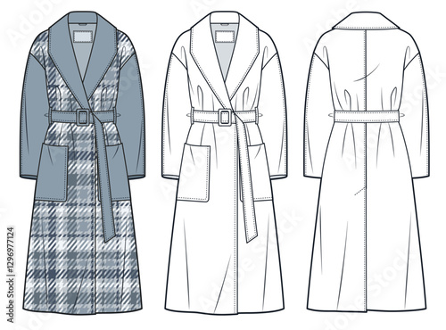 Wrap Coat Technical Fashion Illustration. Belted Coat fashion flat technical drawing template, v neck, midi length, pockets, back slit, front, back view, white, grey, women, men, unisex CAD mockup set