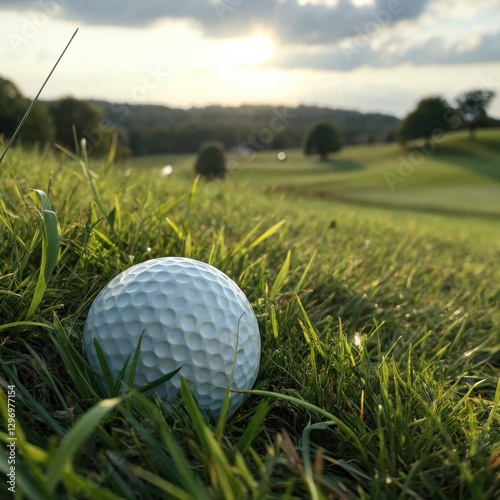 Close-up of a golf ball resting in a small grass divot near the hole on a green golf course during sunset. photo