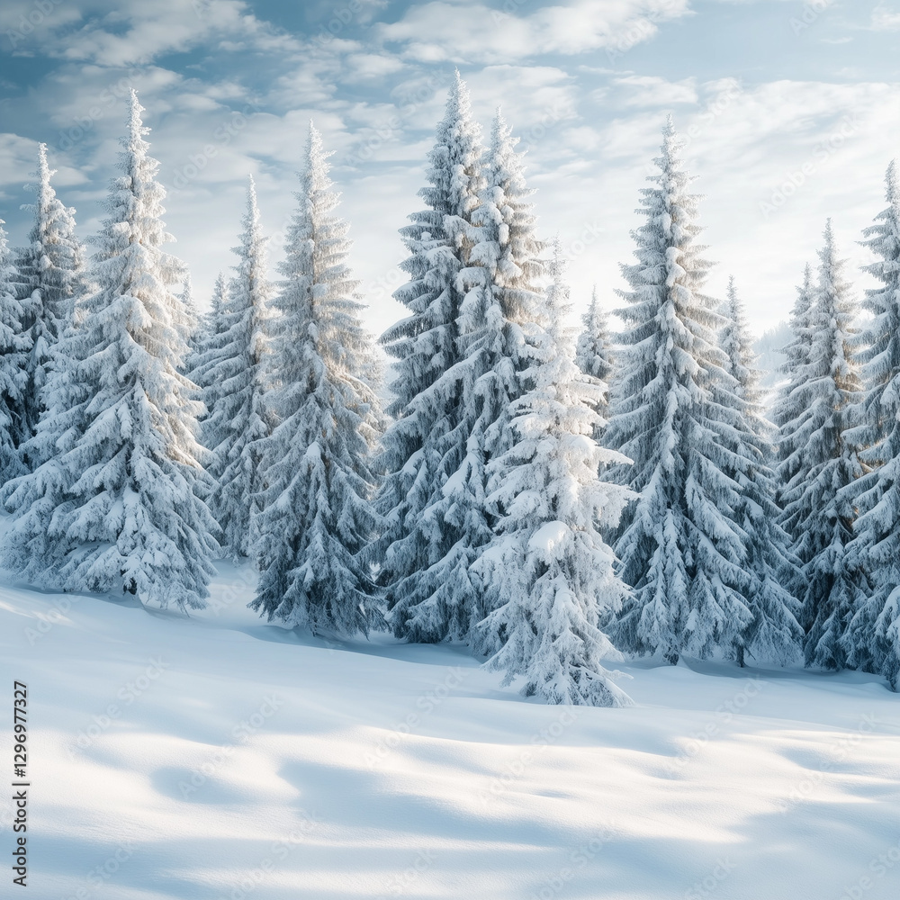 Winter landscape with snow-covered tall evergreen trees Winter landscape with snow-covered tall evergreen trees