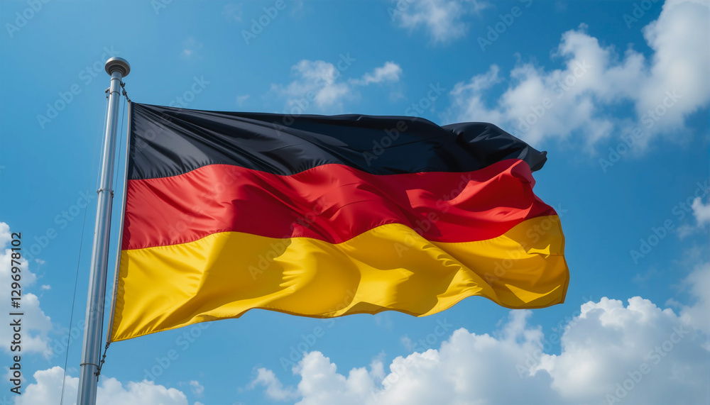 Waving Black, Red, and Gold Flag. Germany’s Horizontal Stripes Soaring in the Wind, Reflecting Unity and National Freedom. Waving Black, Red, and Gold Flag. Germany’s Horizontal Stripes Soaring in the Wind, Reflecting Unity and National Freedom.