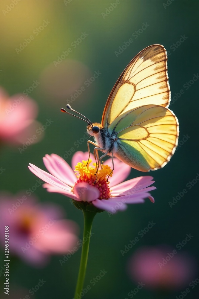 Close up of butterfly resting on delicate flower with soft focus background, gentle, serene, natural Close up of butterfly resting on delicate flower with soft focus background, gentle, serene, natural