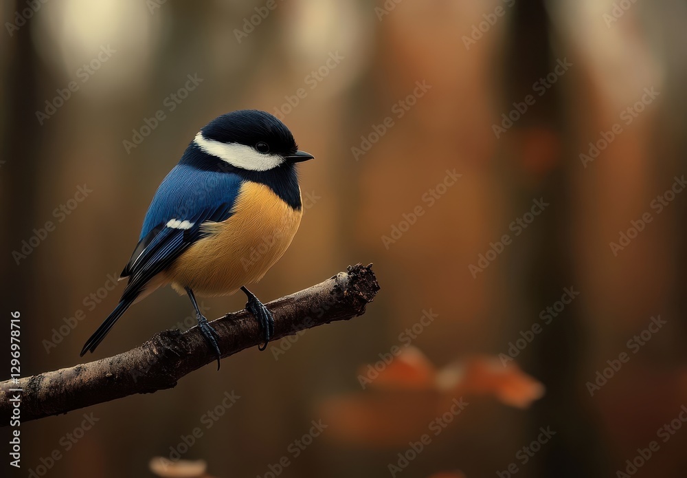 Obraz premium Vibrant Blue and Yellow Bird Perched on a Branch in a Softly Blurred Forest Background Capturing Nature's Serene Beauty and Tranquil Atmosphere