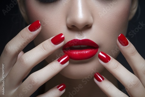 Close-up of a woman with bold red lips and nails, showcasing elegance and beauty.