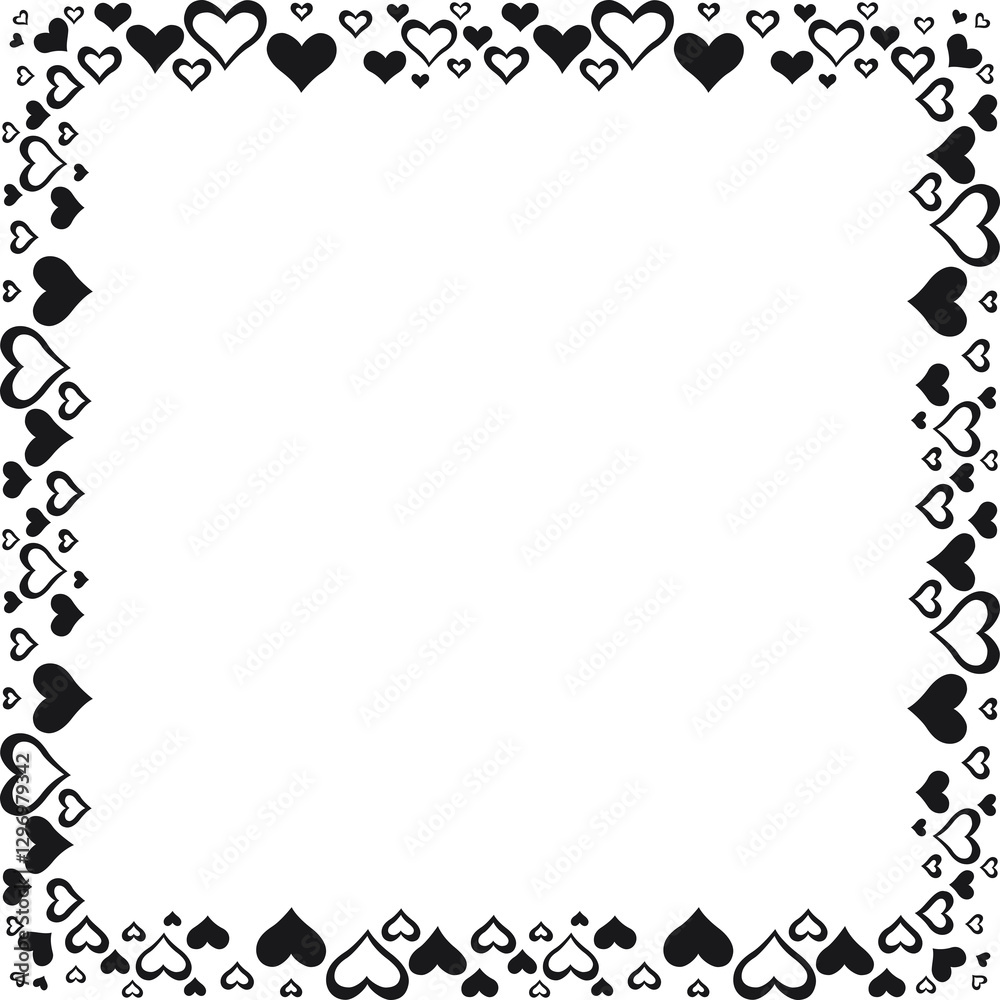 Obraz premium Square border made with many small hearts. Vector illustration made with black heart silhouettes on a white background creating a square border.